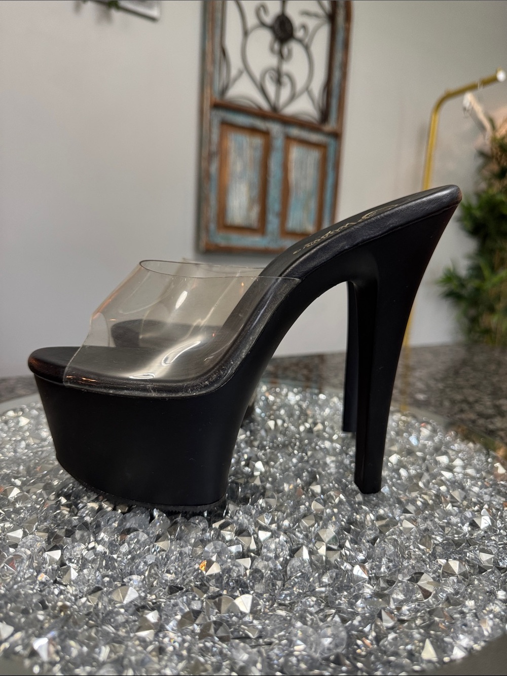 Pleaser Black Platform Mule with Clear PVC Strap EUC 8